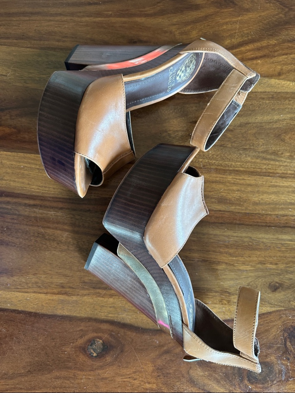 Vince Camuto Brown Leather Platform Block Heel Sandals